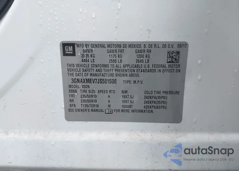 2018 Chevrolet Equinox Premier из США, поврежденный, VIN 3GNAXMEV7JS501500